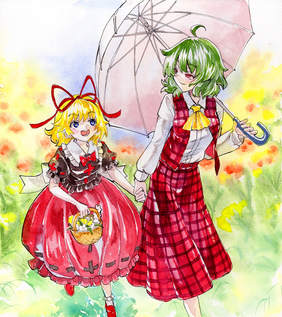 【2/2新作】東方Project　風見幽香&メディスン・メランコリー　墨彩画 原画 （色紙サイズ） 額縁付き