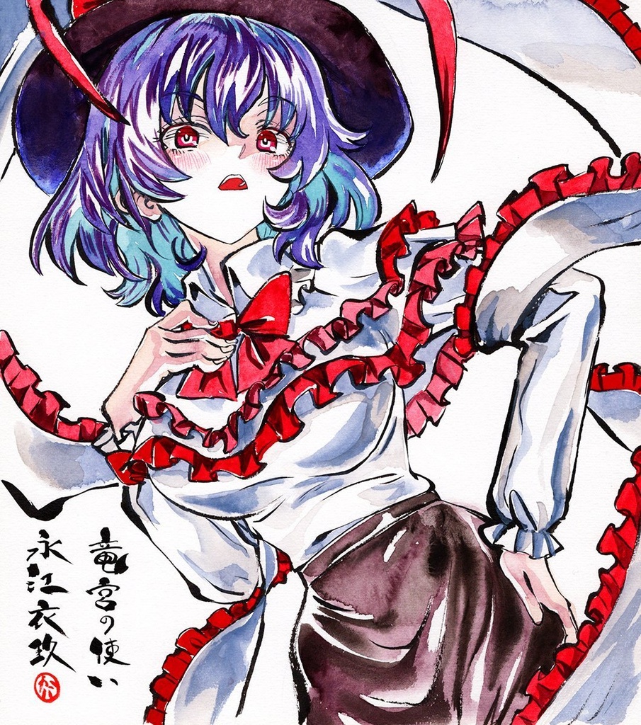 【2/3新作】東方Project 永江衣玖 墨彩画 原画 (色紙サイズ) 額縁付き