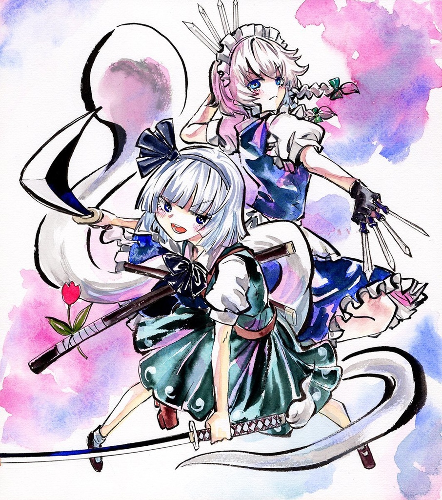 【2/23新作】東方Project 十六夜咲夜&魂魄妖夢 墨彩画 原画 (色紙サイズ) 額縁付き