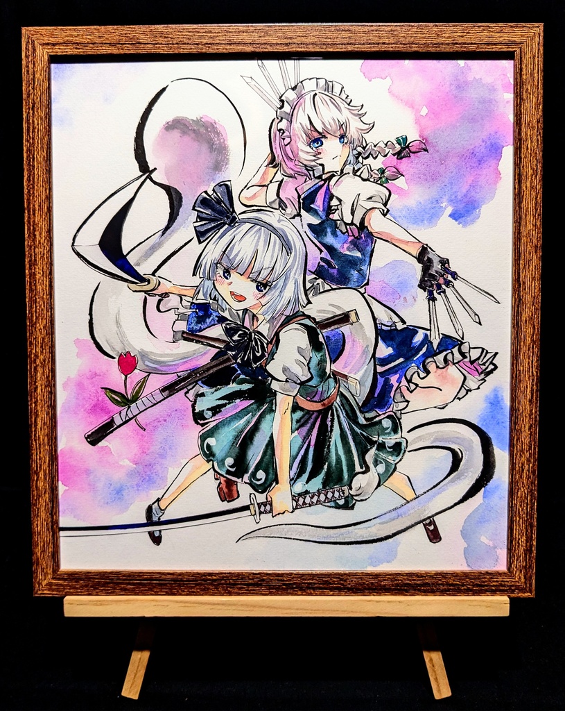 【2/23新作】東方Project 十六夜咲夜&魂魄妖夢 墨彩画 原画 (色紙サイズ) 額縁付き