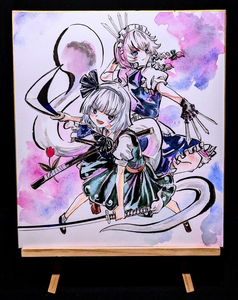 【2/23新作】東方Project 十六夜咲夜&魂魄妖夢 墨彩画 原画 (色紙サイズ) 額縁付き