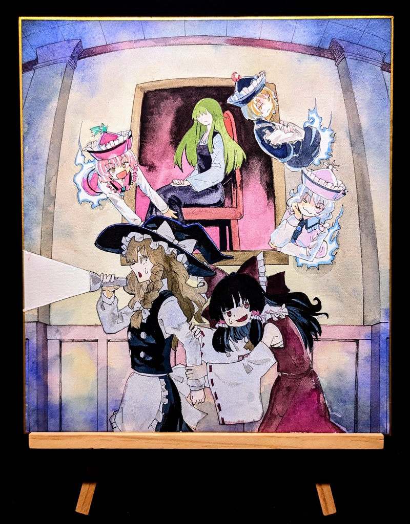 【2/24新作】東方Project プリズムリバー三姉妹&霊夢&魔理沙 墨彩画 原画 (色紙サイズ) 額縁付き