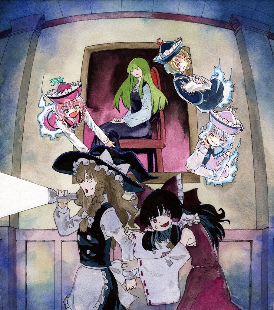 【2/24新作】東方Project　プリズムリバー三姉妹＆霊夢＆魔理沙　墨彩画 原画 （色紙サイズ） 額縁付き