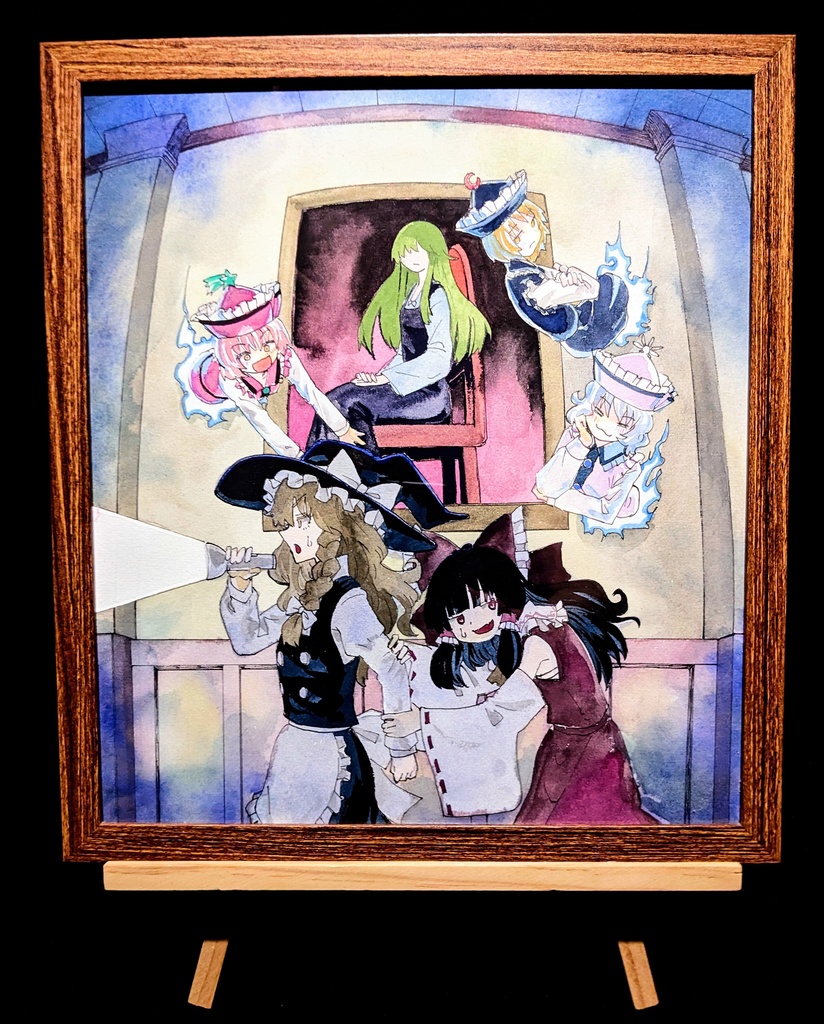 【2/24新作】東方Project プリズムリバー三姉妹&霊夢&魔理沙 墨彩画 原画 (色紙サイズ) 額縁付き