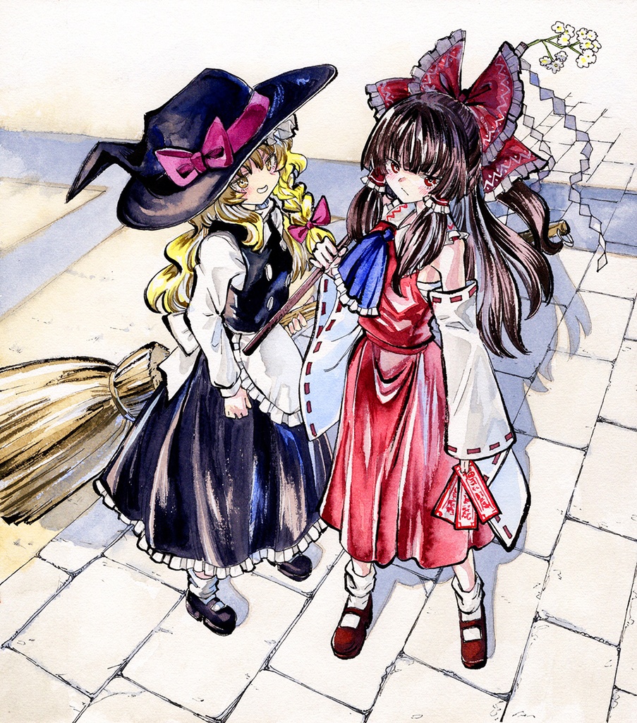 【2/28新作】東方Project　博麗霊夢&霧雨魔理沙　墨彩画 原画 （色紙サイズ） 額縁付き