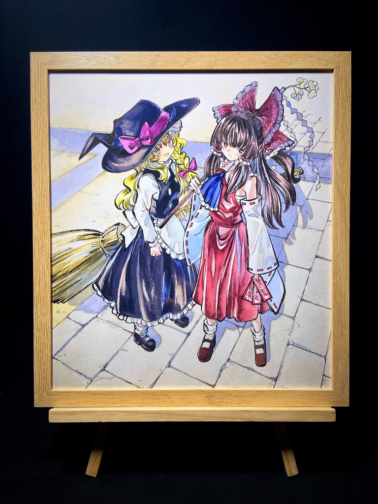 【2/28新作】東方Project 博麗霊夢&霧雨魔理沙 墨彩画 原画 (色紙サイズ) 額縁付き