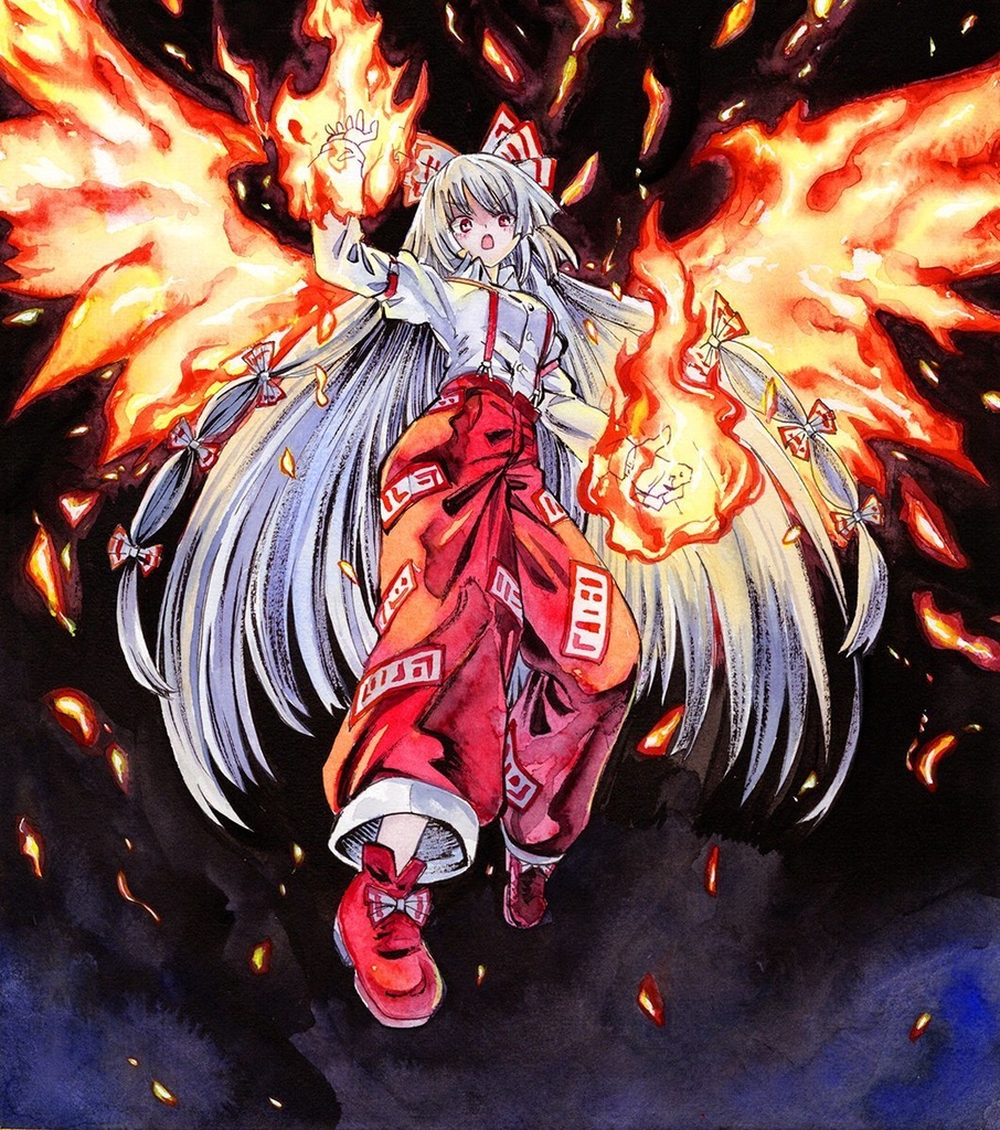 【3/21新作】東方Project 藤原妹紅 墨彩画 原画 (色紙サイズ) 額縁付き