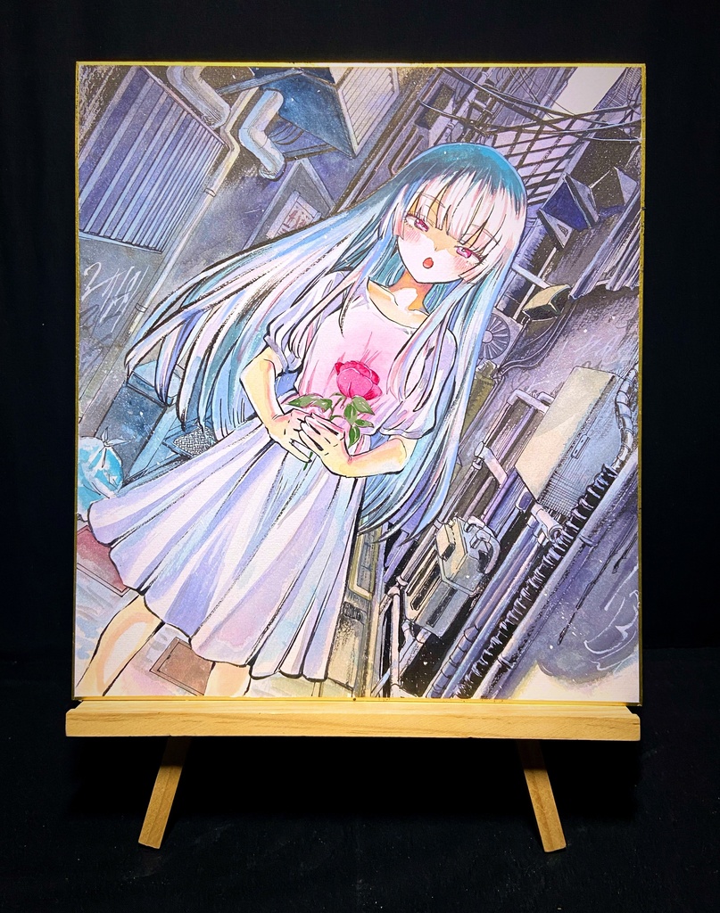 【4/8新作】オリジナル アナログ画「一輪」 墨彩画 原画 (色紙サイズ) 額縁付き