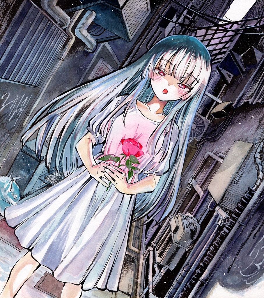 【4/8新作】オリジナル アナログ画「一輪」 墨彩画 原画 (色紙サイズ) 額縁付き