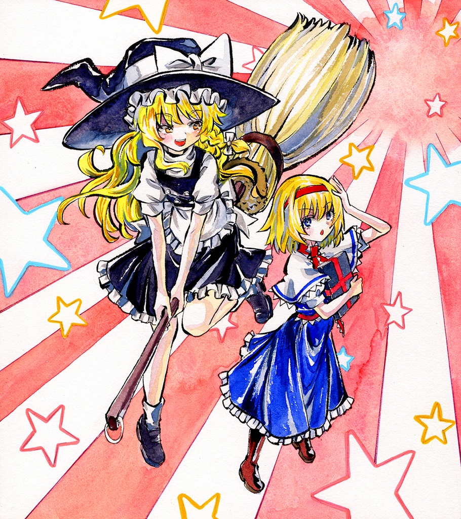 【4/13新作】東方Project 魔理沙&アリス 墨彩画 原画 (色紙サイズ) 額縁付き