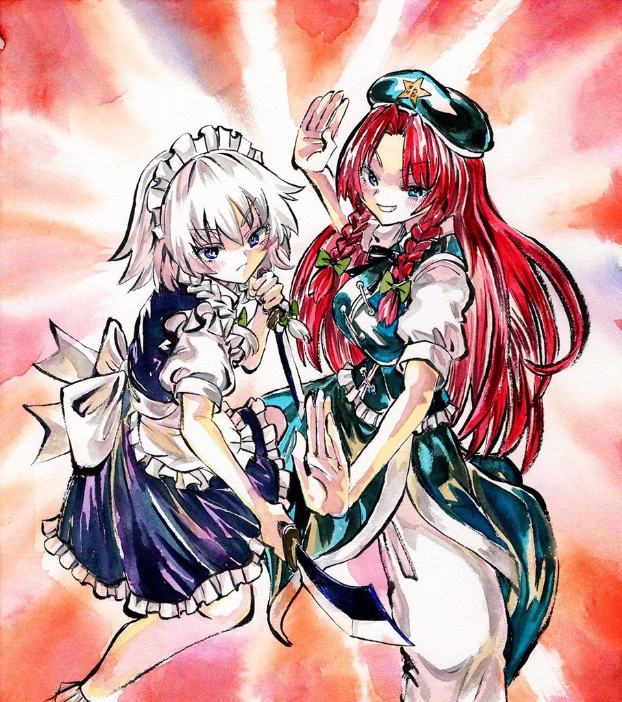 【4/19新作】東方Project　十六夜咲夜＆紅美鈴　墨彩画 原画 （色紙サイズ） 額縁付き