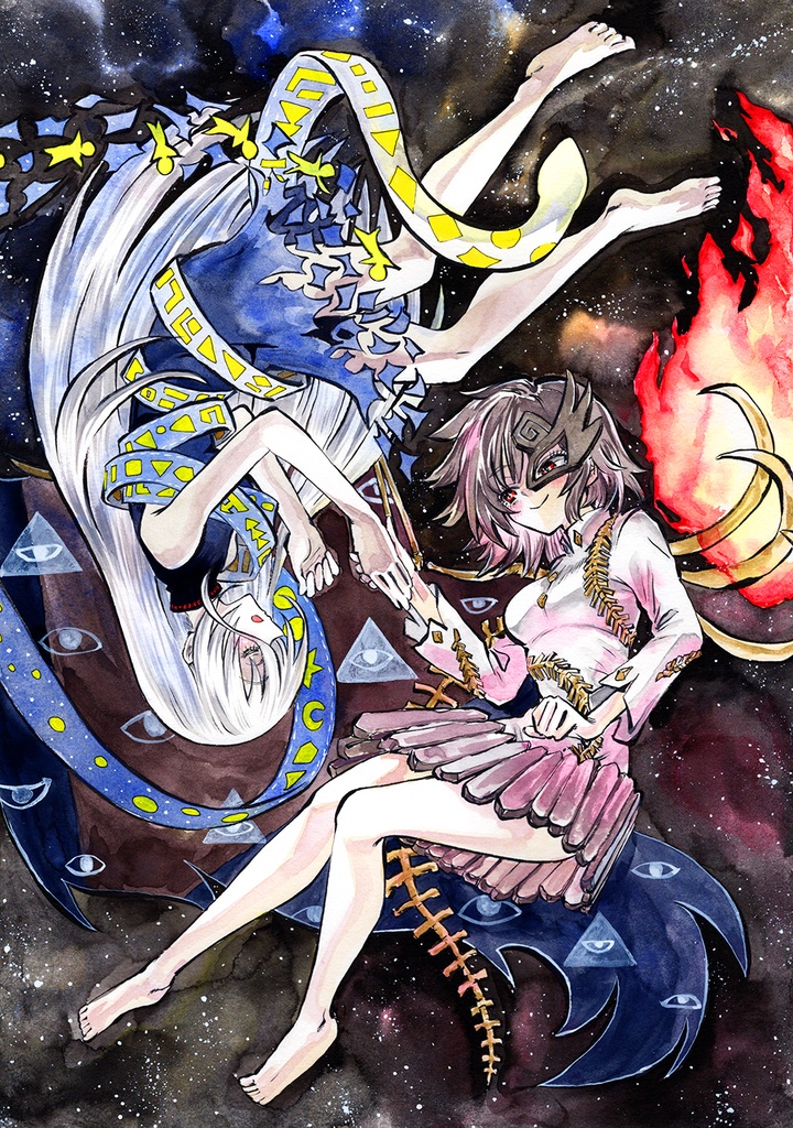 【5/6新作】東方Project　ユイマン・浅間&磐永阿梨夜　墨彩画 原画 （A3サイズ） 額縁付き