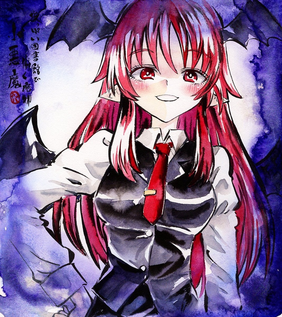 【5/8新作】東方Project　小悪魔　墨彩画 原画 （色紙サイズ） 額縁付き