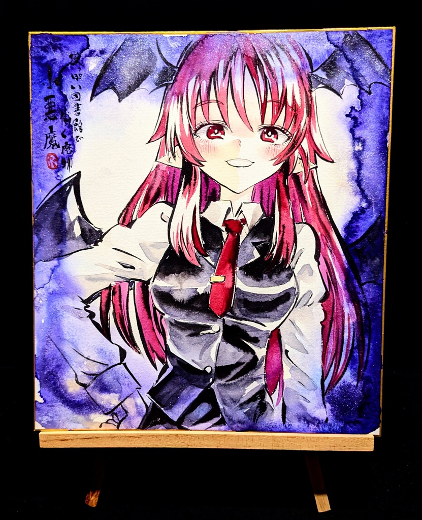 【5/8新作】東方Project 小悪魔 墨彩画 原画 (色紙サイズ) 額縁付き