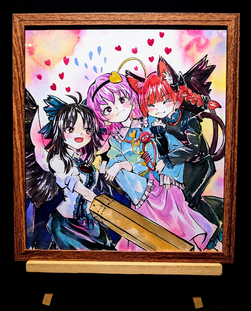 【5/24新作】東方Project さとり&お燐&お空 墨彩画 原画 (色紙サイズ) 額縁付き