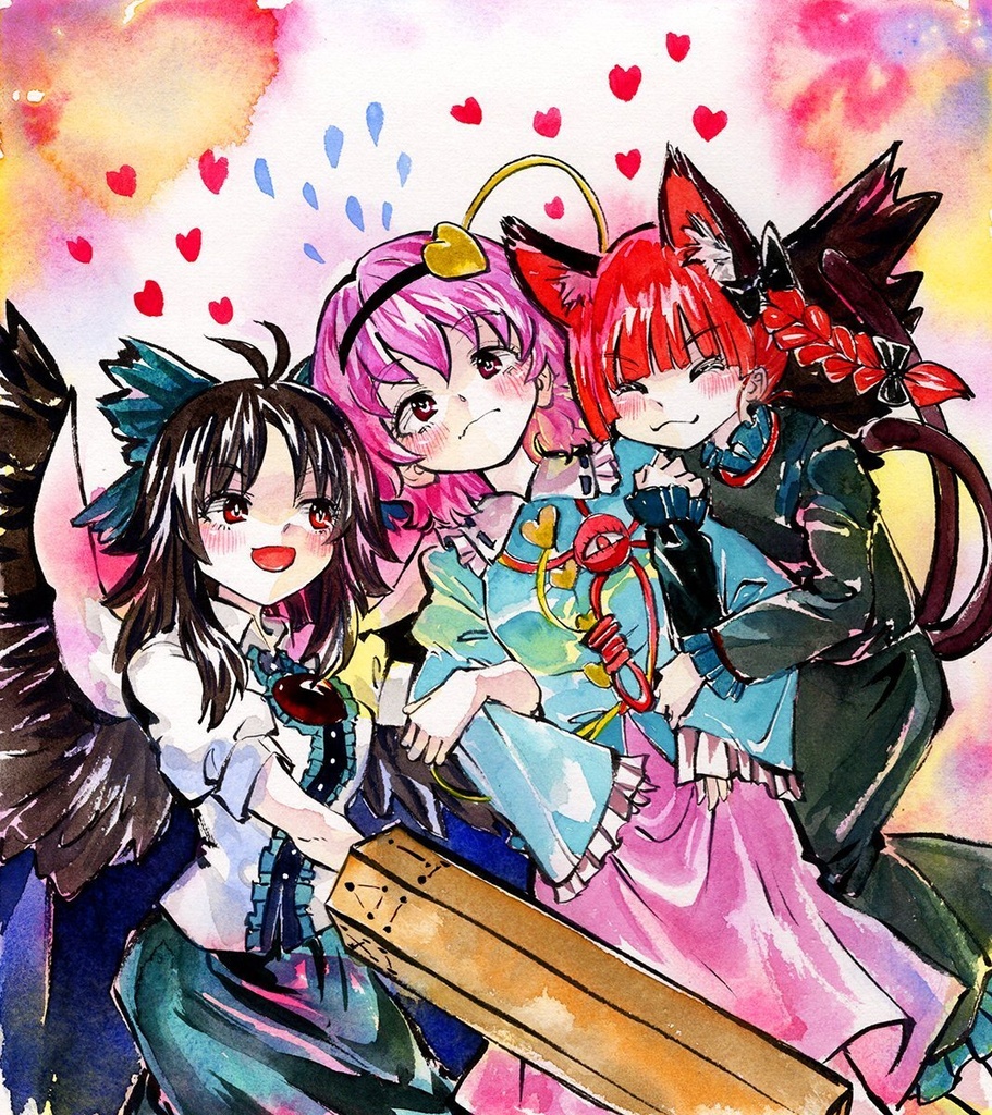 【5/24新作】東方Project　さとり＆お燐＆お空　墨彩画 原画 （色紙サイズ） 額縁付き