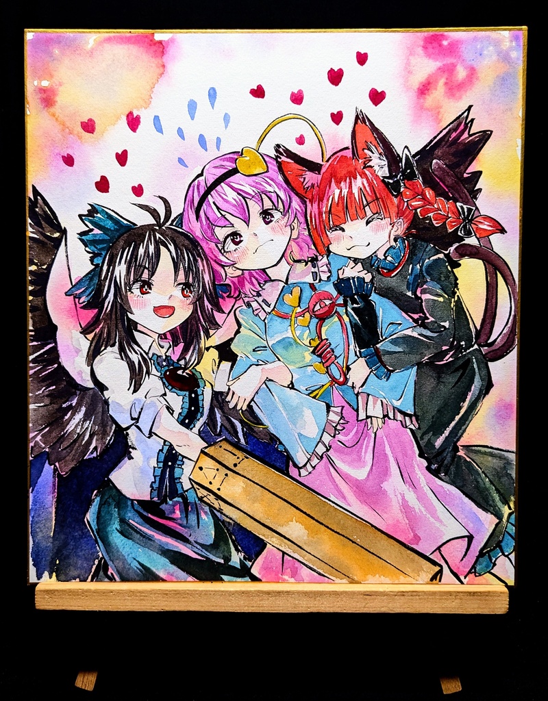 【5/24新作】東方Project さとり&お燐&お空 墨彩画 原画 (色紙サイズ) 額縁付き