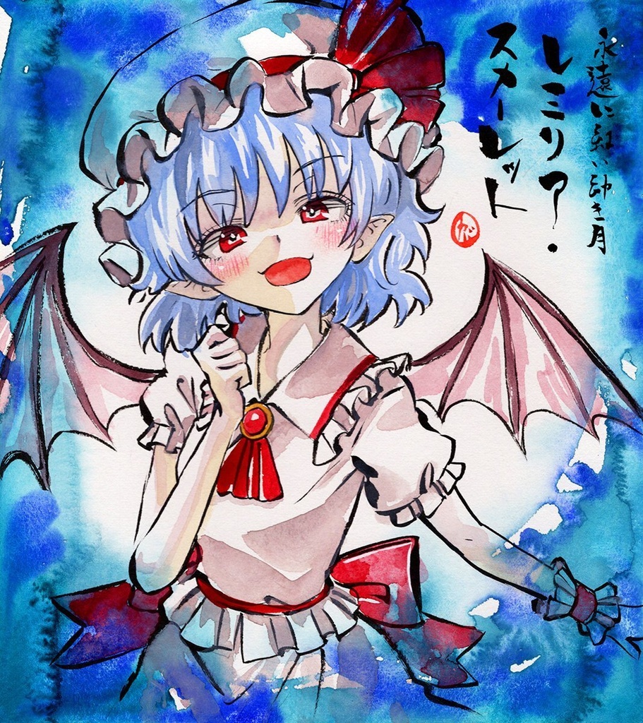 【6/4新作】東方Project　レミリア・スカーレット　墨彩画 原画 （色紙サイズ） 額縁付き