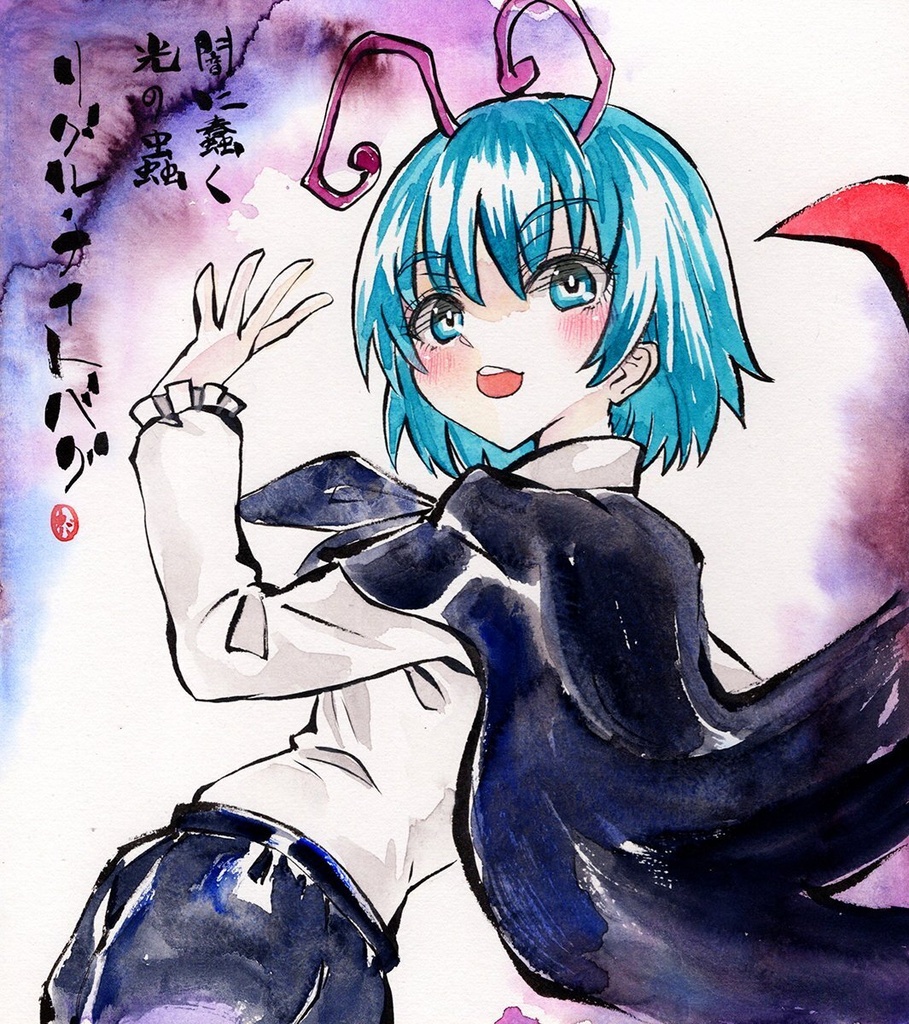 【6/18新作】東方Project　リグル・ナイトバグ　墨彩画 原画 （色紙サイズ） 額縁付き