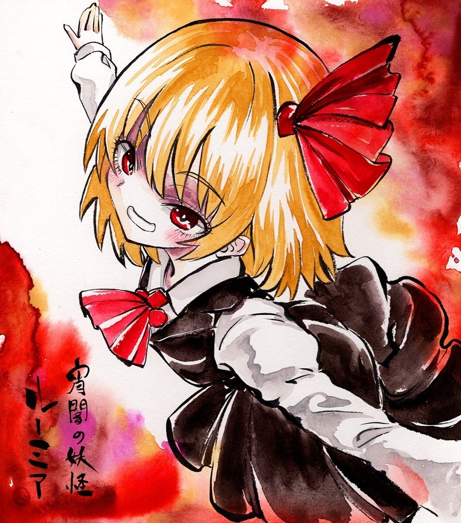 【0/0新作】東方Project ルーミア 墨彩画 原画 (色紙サイズ) 額縁付き