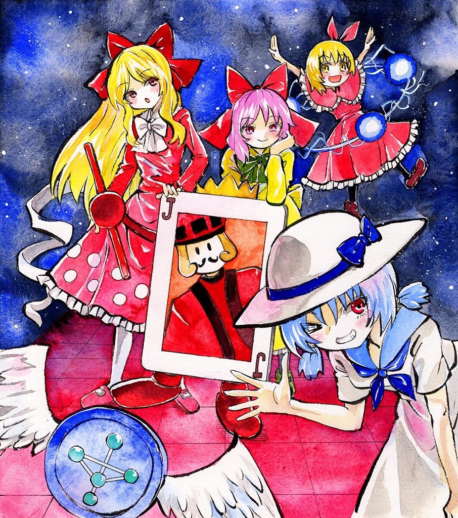 【7/13新作】東方Project トランプキングと魔界の住人 墨彩画 原画 (色紙サイズ) 額縁付き