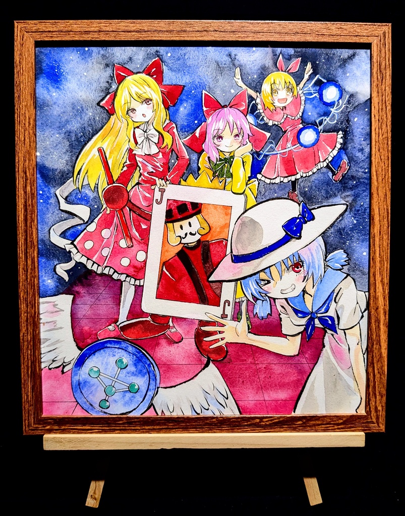【7/13新作】東方Project トランプキングと魔界の住人 墨彩画 原画 (色紙サイズ) 額縁付き