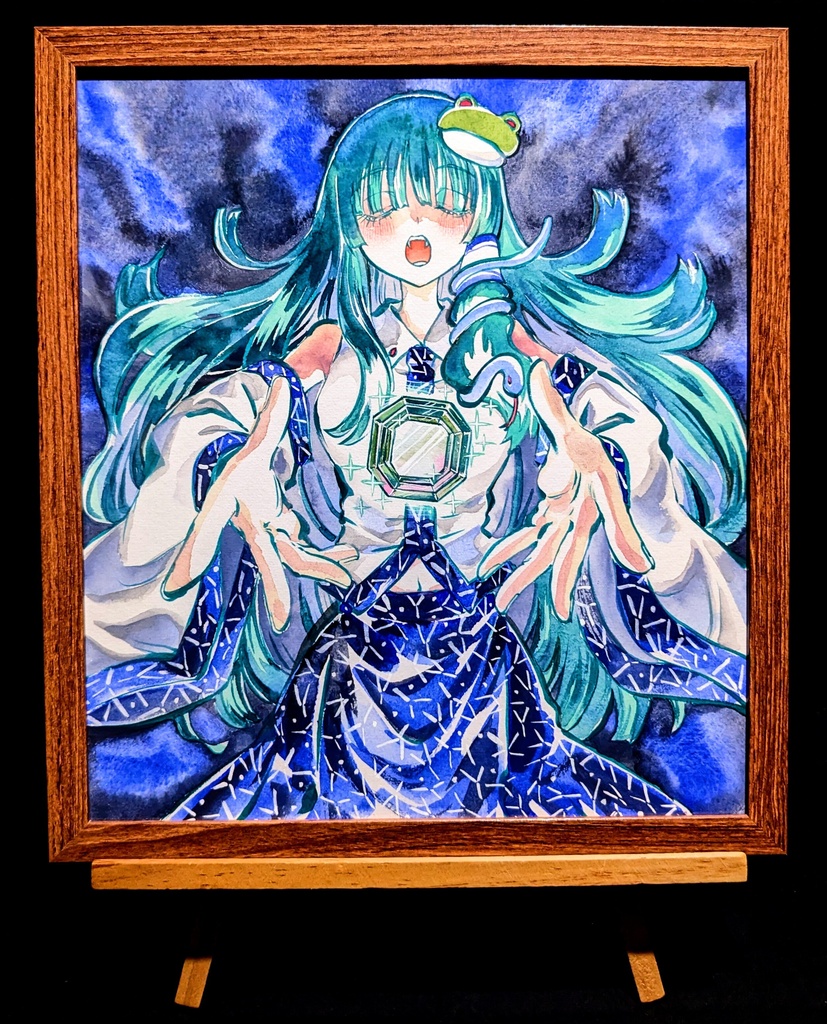 【9/2新作】東方Project 東風谷早苗 墨彩画 原画 (色紙サイズ) 額縁付き