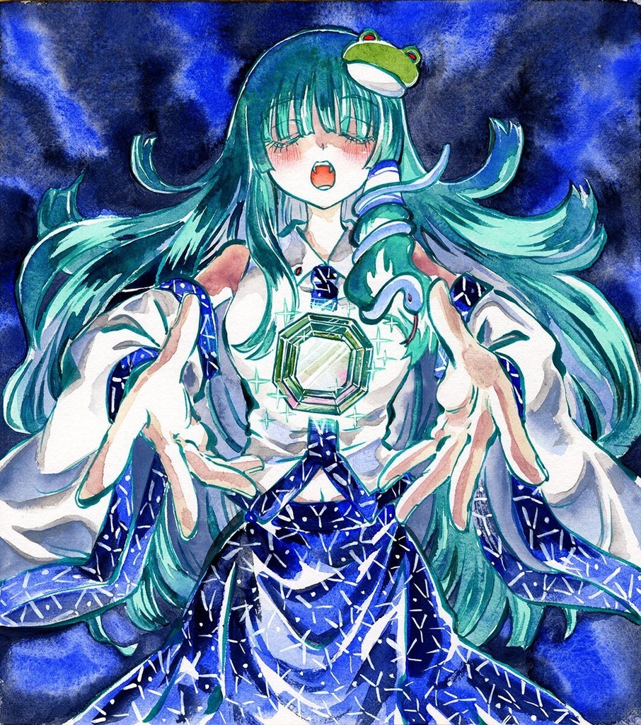 【9/2新作】東方Project　東風谷早苗　墨彩画 原画 （色紙サイズ） 額縁付き