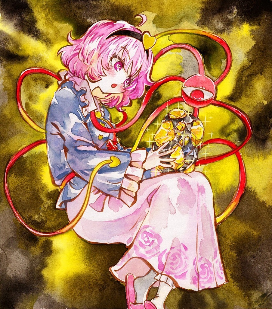 【9/8新作】東方Project　古明地さとり　墨彩画 原画 （色紙サイズ） 額縁付き