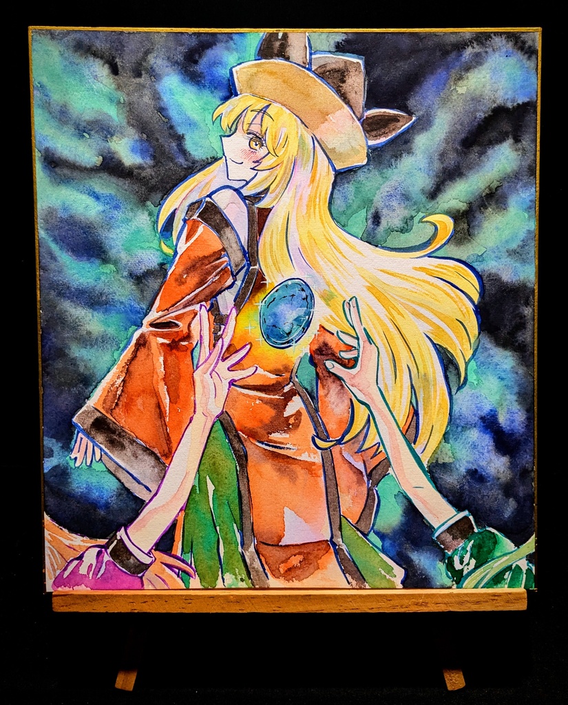 【9/8新作】東方Project 摩多羅隠岐奈 墨彩画 原画 (色紙サイズ) 額縁付き