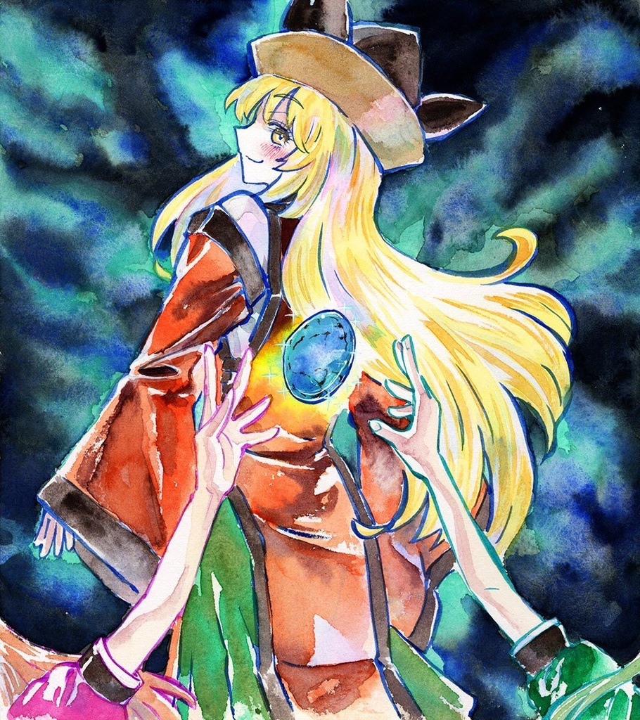 【9/8新作】東方Project　摩多羅隠岐奈　墨彩画 原画 （色紙サイズ） 額縁付き
