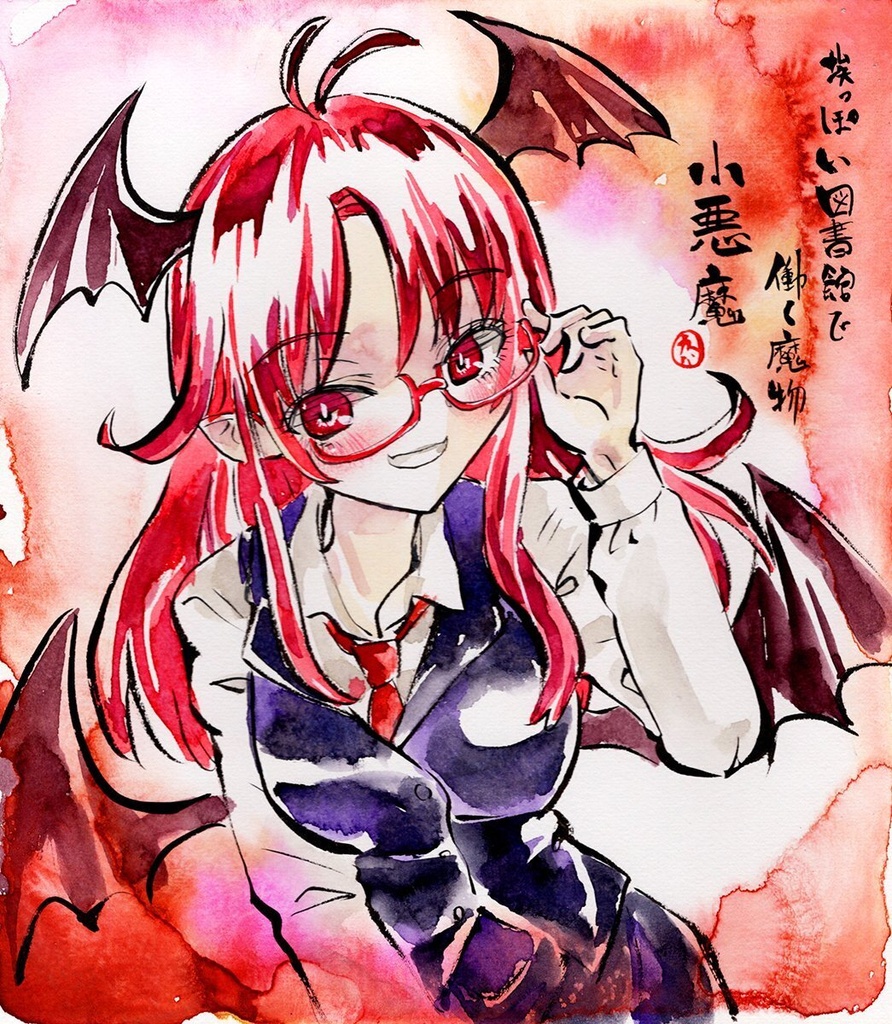 【9/15新作】東方Project　小悪魔　墨彩画 原画 （色紙サイズ） 額縁付き