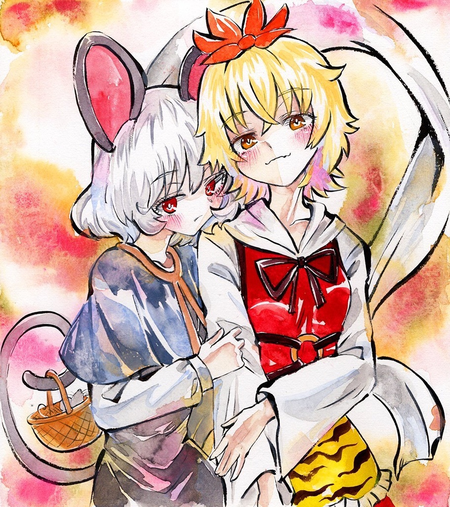 【10/22新作】東方Project 寅丸星&ナズーリン 墨彩画 原画 (色紙サイズ) 額縁付き