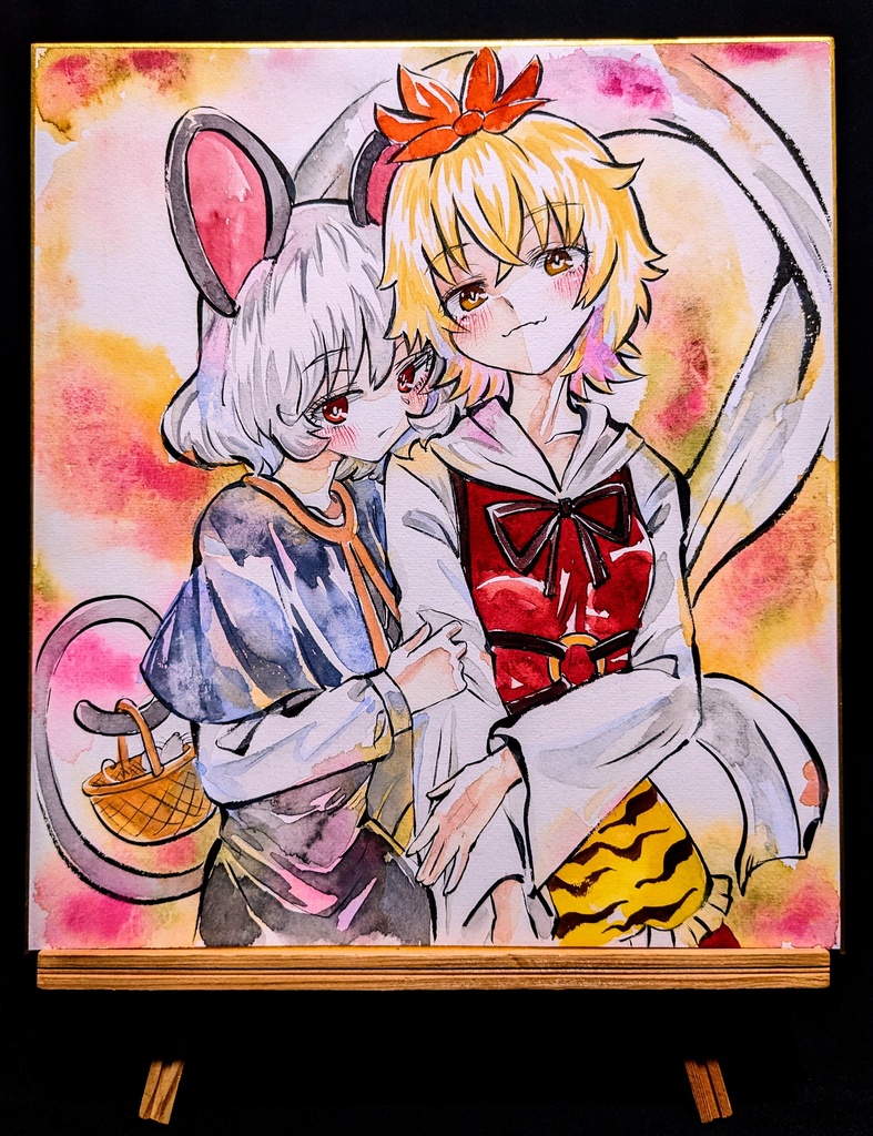 【10/22新作】東方Project 寅丸星&ナズーリン 墨彩画 原画 (色紙サイズ) 額縁付き