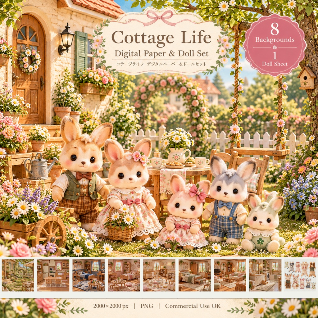 コテージライフ デジタル背景＆ドールセット｜お部屋・お庭8背景＋ドールシート1枚｜Cottage Life Background & Doll Set｜PNG・Commercial Use OK