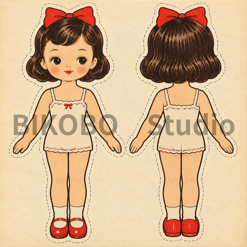 昭和レトロ 紙の着せ替え人形|洋服8デザイン+女の子ドール 全9枚|Showa Retro Paper Doll Dress-Up Set|PNG・Commercial Use OK