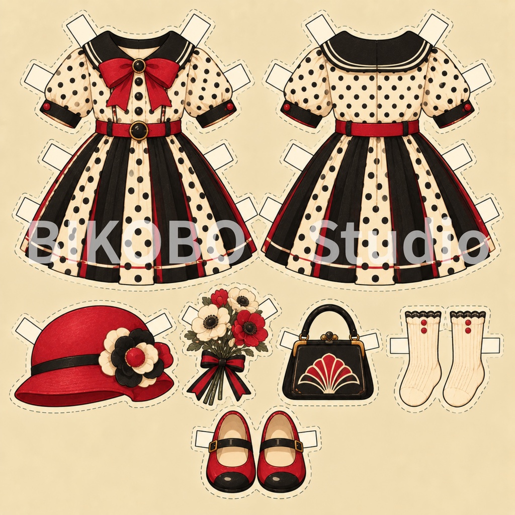 昭和レトロ 紙の着せ替え人形|洋服8デザイン+女の子ドール 全9枚|Showa Retro Paper Doll Dress-Up Set|PNG・Commercial Use OK