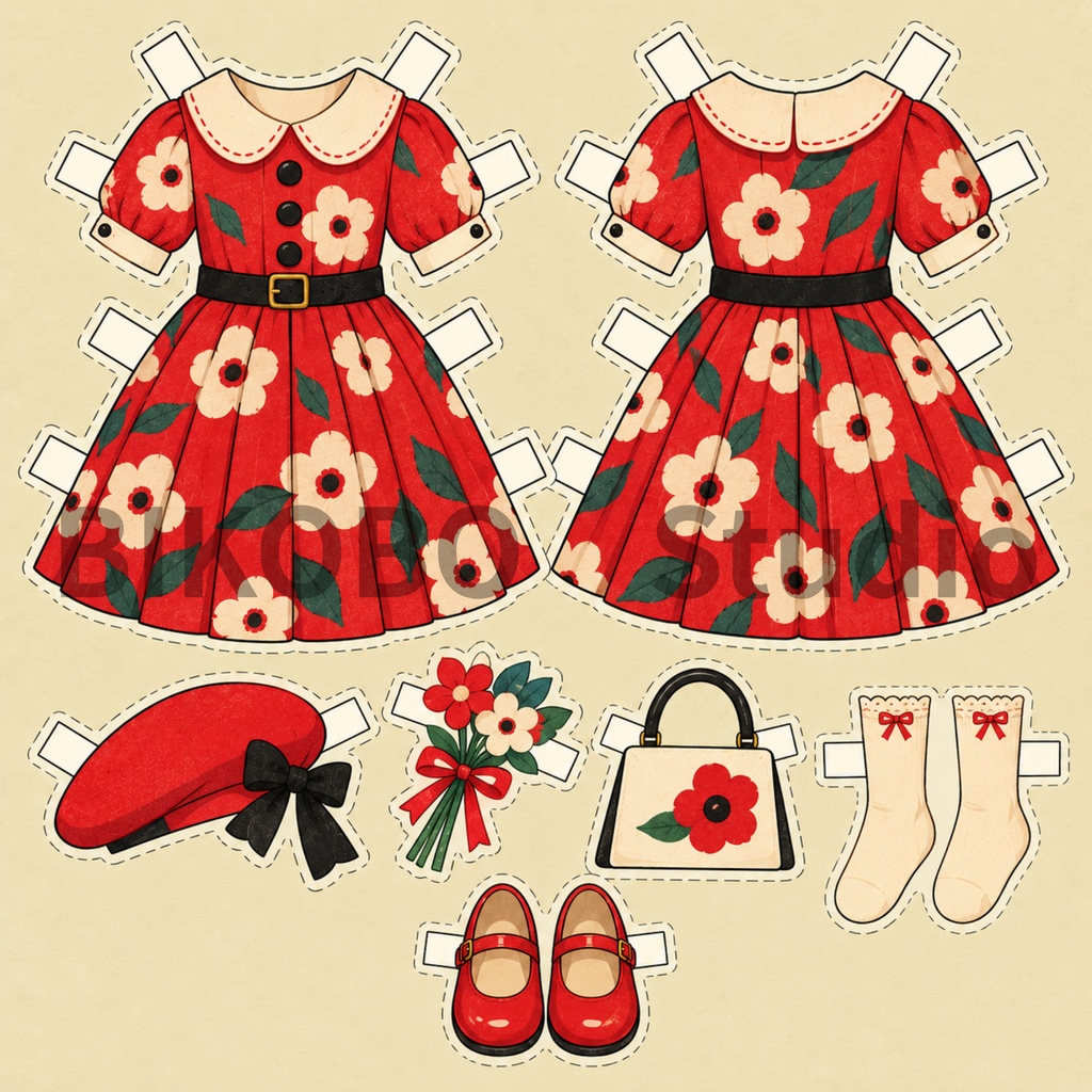 昭和レトロ 紙の着せ替え人形|洋服8デザイン+女の子ドール 全9枚|Showa Retro Paper Doll Dress-Up Set|PNG・Commercial Use OK