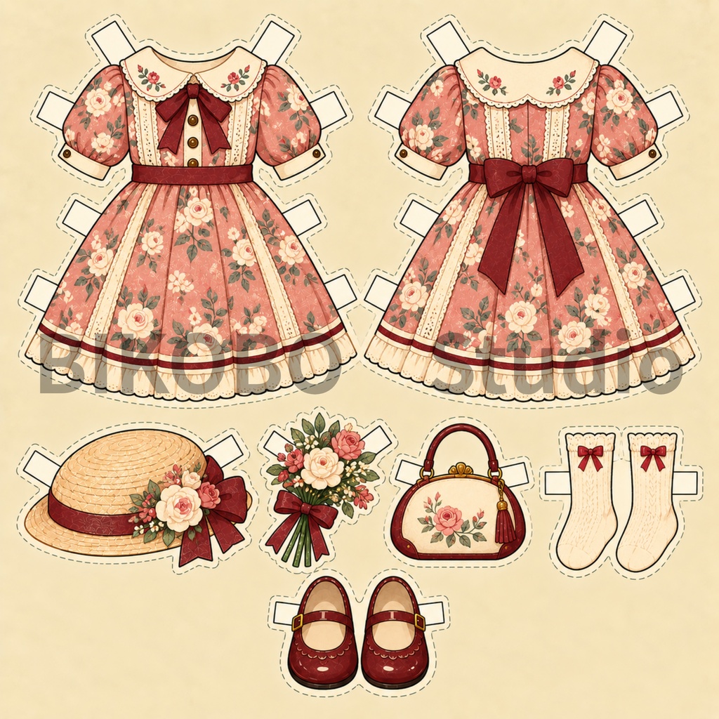昭和レトロ 紙の着せ替え人形|洋服8デザイン+女の子ドール 全9枚|Showa Retro Paper Doll Dress-Up Set|PNG・Commercial Use OK