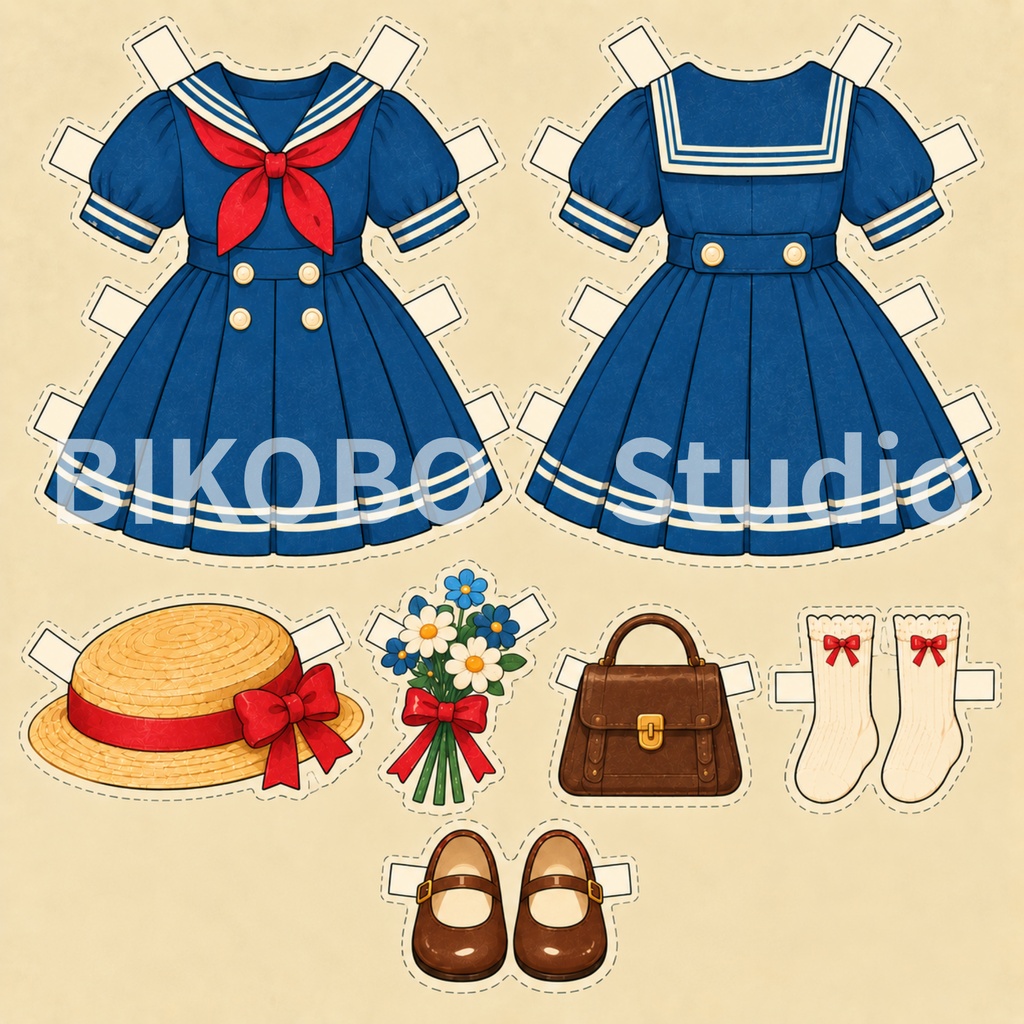 昭和レトロ 紙の着せ替え人形|洋服8デザイン+女の子ドール 全9枚|Showa Retro Paper Doll Dress-Up Set|PNG・Commercial Use OK