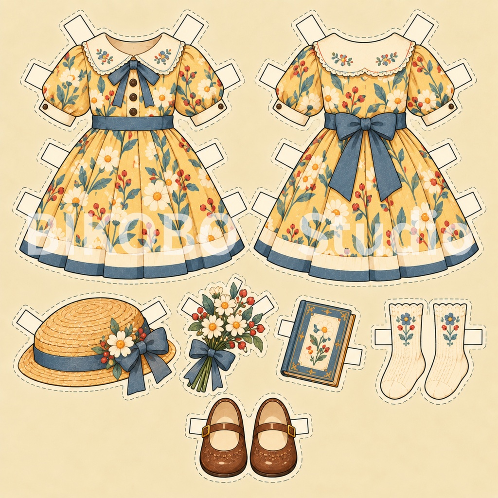昭和レトロ 紙の着せ替え人形|洋服8デザイン+女の子ドール 全9枚|Showa Retro Paper Doll Dress-Up Set|PNG・Commercial Use OK