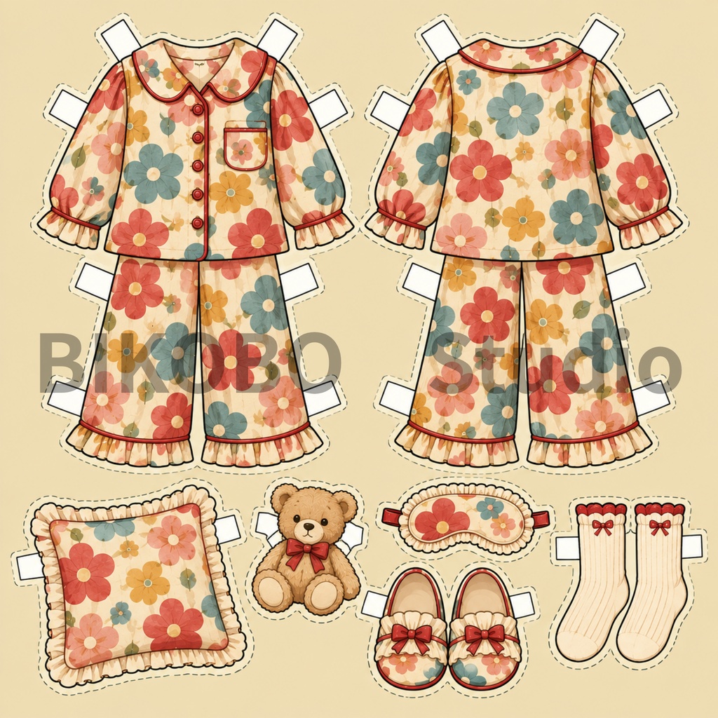 昭和レトロ 紙の着せ替え人形|洋服8デザイン+女の子ドール 全9枚|Showa Retro Paper Doll Dress-Up Set|PNG・Commercial Use OK