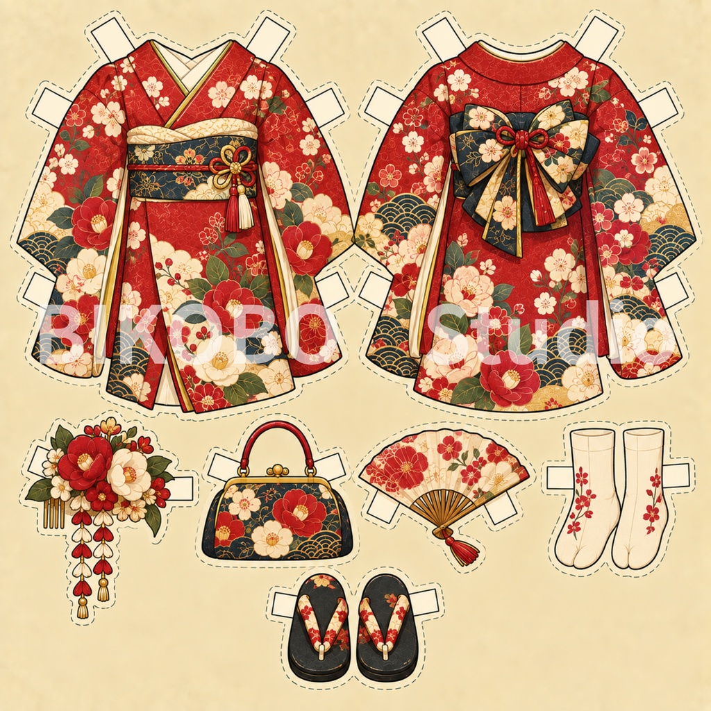 昭和レトロ 紙の着せ替え人形|洋服8デザイン+女の子ドール 全9枚|Showa Retro Paper Doll Dress-Up Set|PNG・Commercial Use OK