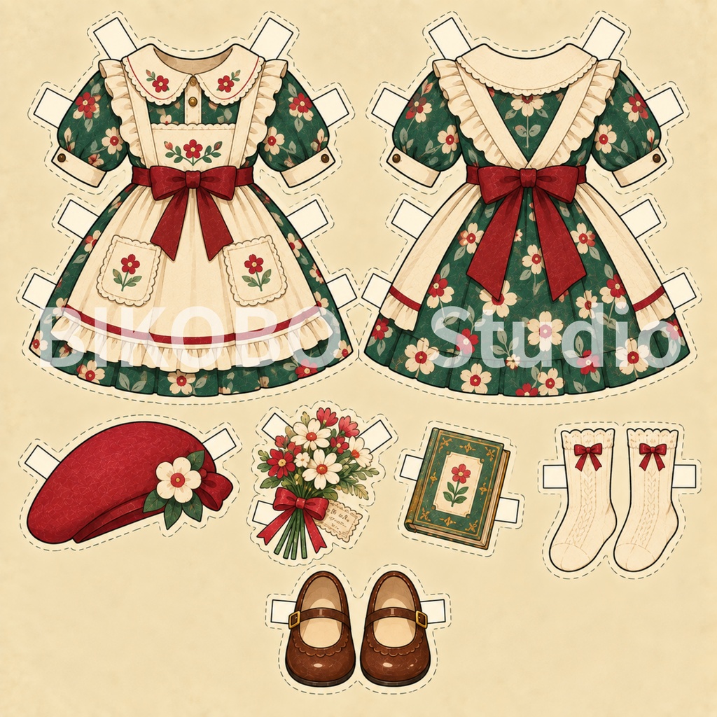 昭和レトロ 紙の着せ替え人形|洋服8デザイン+女の子ドール 全9枚|Showa Retro Paper Doll Dress-Up Set|PNG・Commercial Use OK