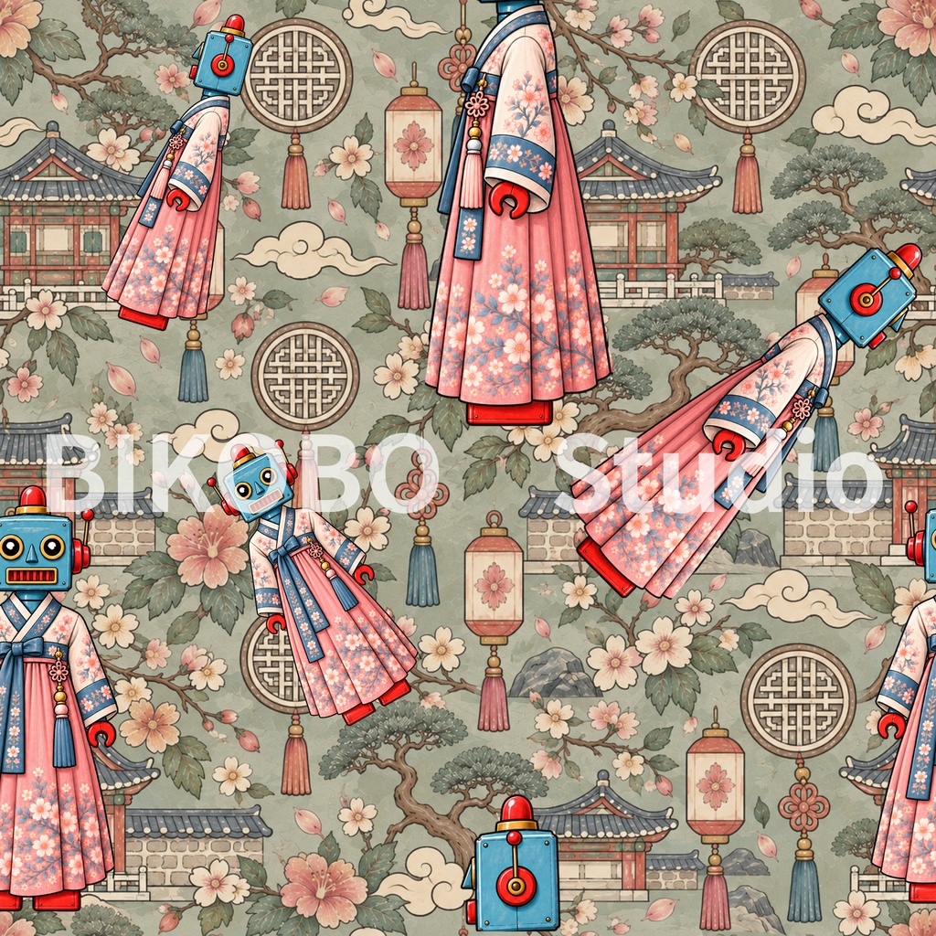 世界の民族衣装ロボット|アジア編・昭和レトロ風 全9柄18枚|Robots in Traditional Dress – Asia Edition|Seamless PNG Digital Paper・Commercial Use OK