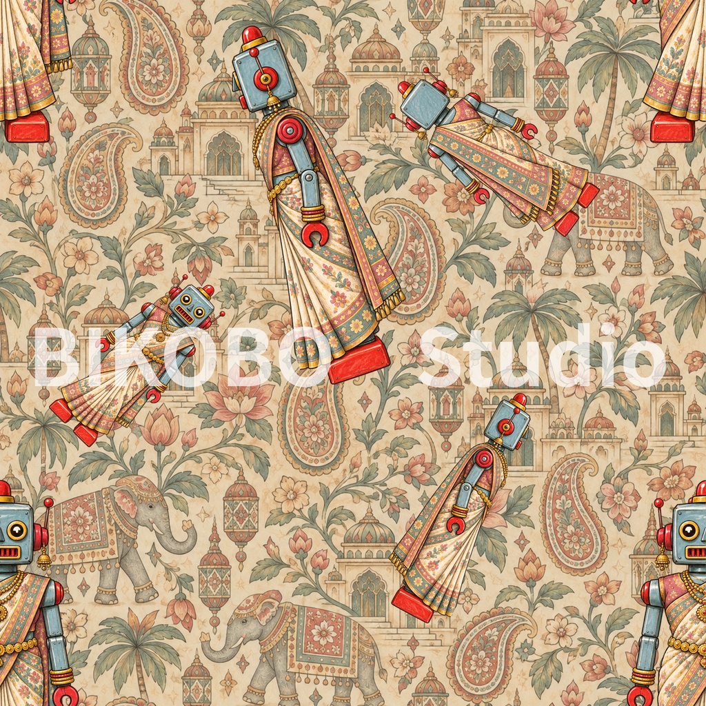 世界の民族衣装ロボット|アジア編・昭和レトロ風 全9柄18枚|Robots in Traditional Dress – Asia Edition|Seamless PNG Digital Paper・Commercial Use OK