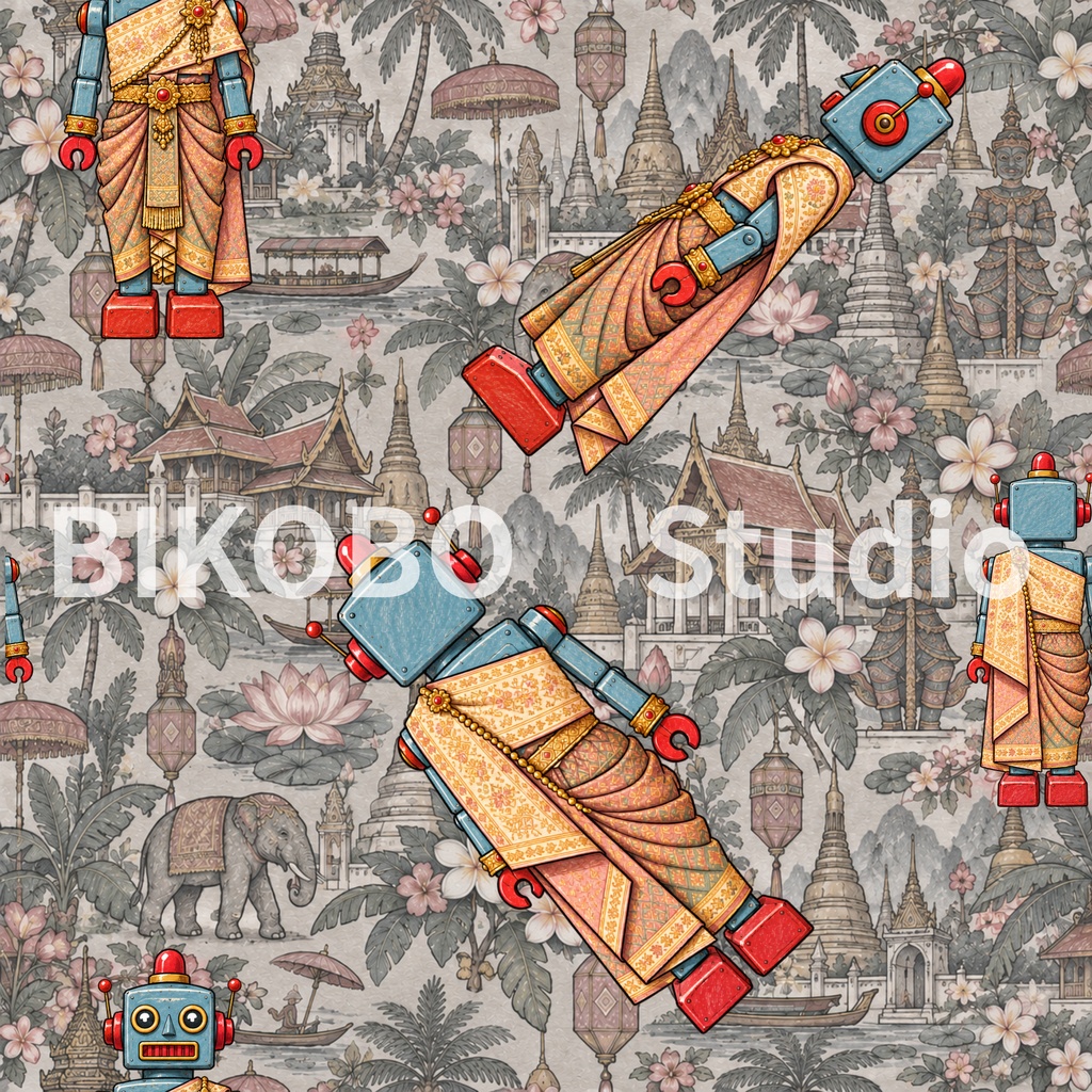 世界の民族衣装ロボット|アジア編・昭和レトロ風 全9柄18枚|Robots in Traditional Dress – Asia Edition|Seamless PNG Digital Paper・Commercial Use OK