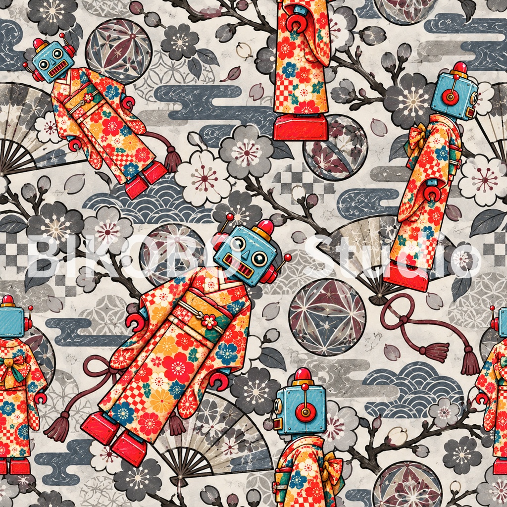世界の民族衣装ロボット|アジア編・昭和レトロ風 全9柄18枚|Robots in Traditional Dress – Asia Edition|Seamless PNG Digital Paper・Commercial Use OK