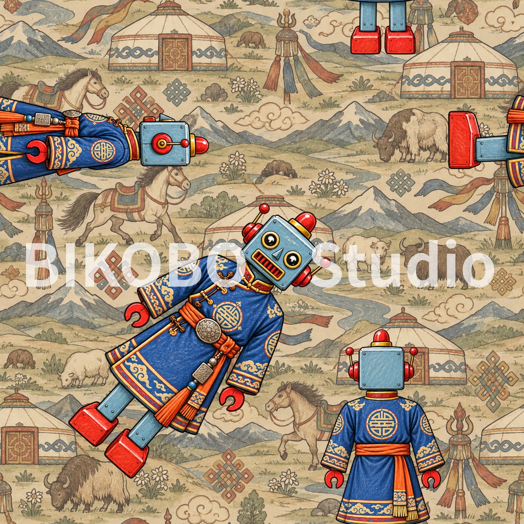 世界の民族衣装ロボット|アジア編・昭和レトロ風 全9柄18枚|Robots in Traditional Dress – Asia Edition|Seamless PNG Digital Paper・Commercial Use OK