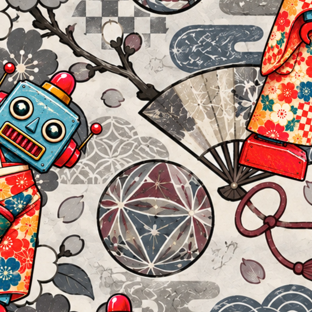 世界の民族衣装ロボット|アジア編・昭和レトロ風 全9柄18枚|Robots in Traditional Dress – Asia Edition|Seamless PNG Digital Paper・Commercial Use OK